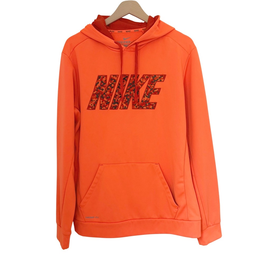 Nike Therma-FIT Mens Hoodie Orange Camo Logo Pullover Sweatshirt Size Large